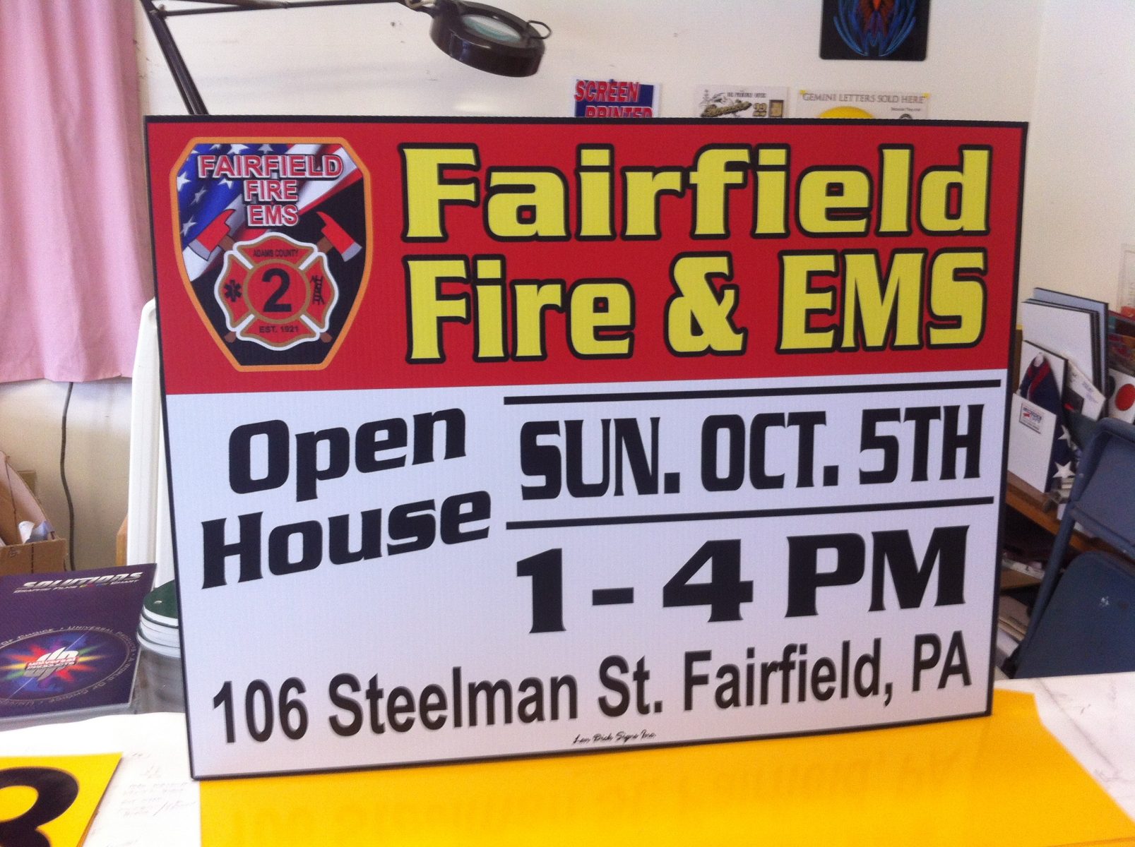 Sign for Fairfield Fire & EMS Open House on Sunday, October 5th, 1-4 PM at 106 Steelman St, Fairfield, PA.