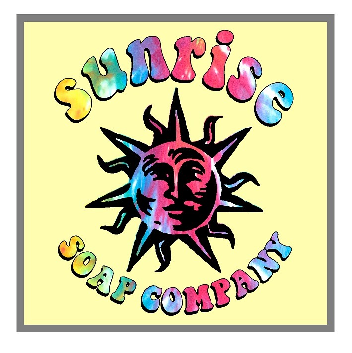 Logo for Sunrise Soap Company with a colorful sun illustration and tie-dye style text on a light yellow background.