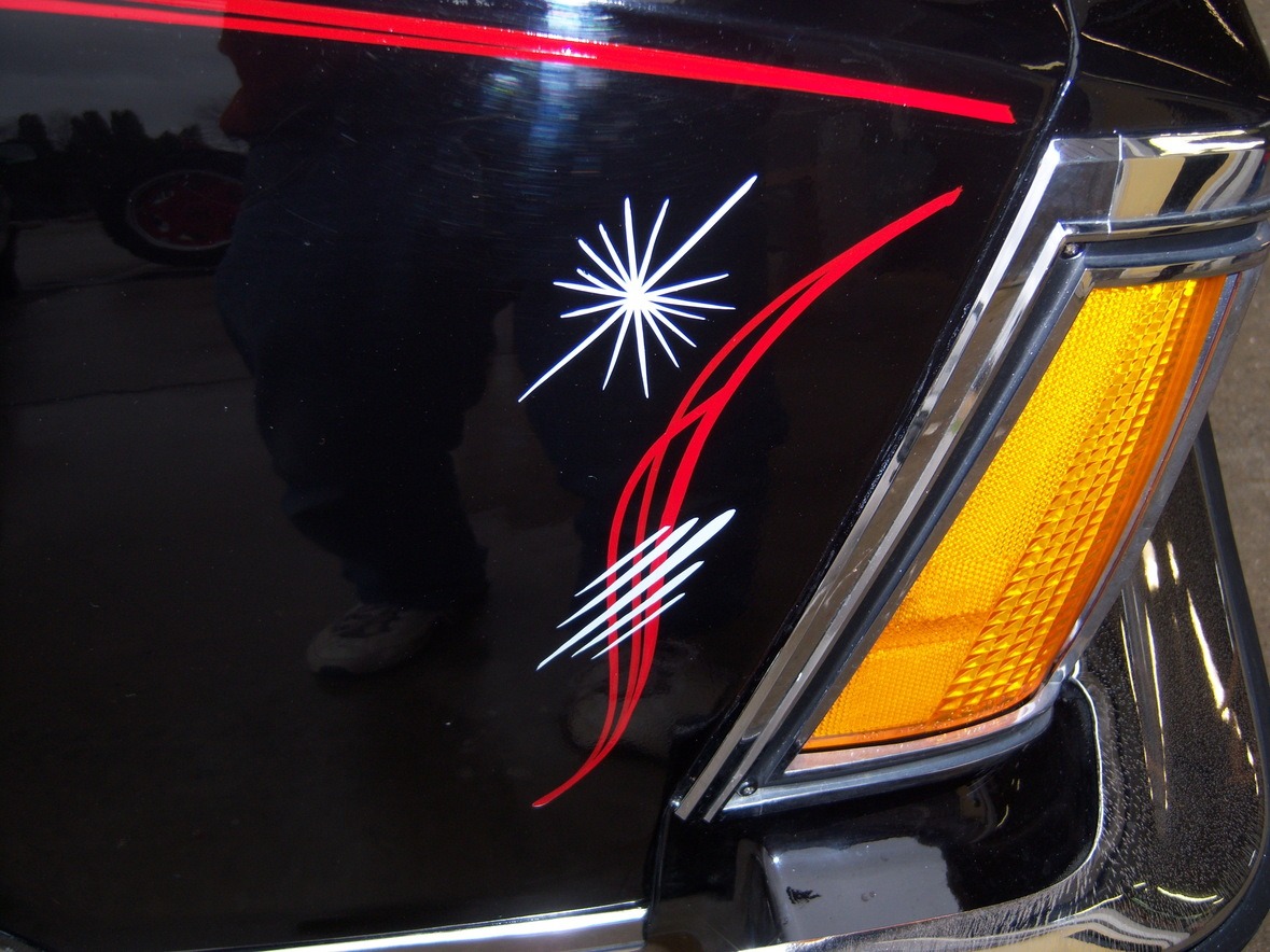 Close-up of a black car fender with red and white pinstriping next to an amber turn signal light.